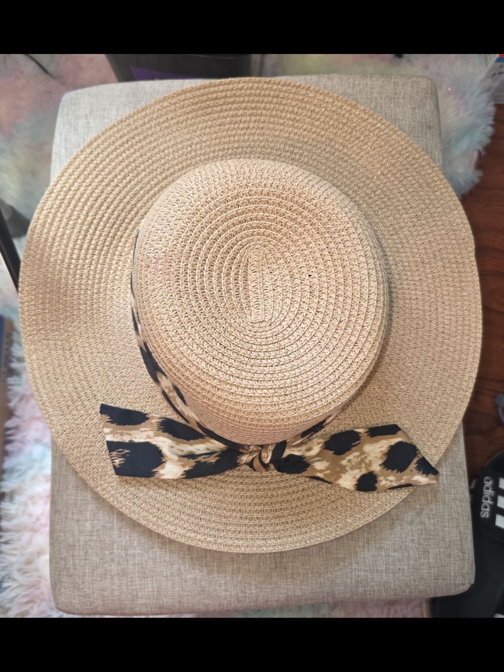 Wide Brim Straw Sun Hat with Leopard Tie